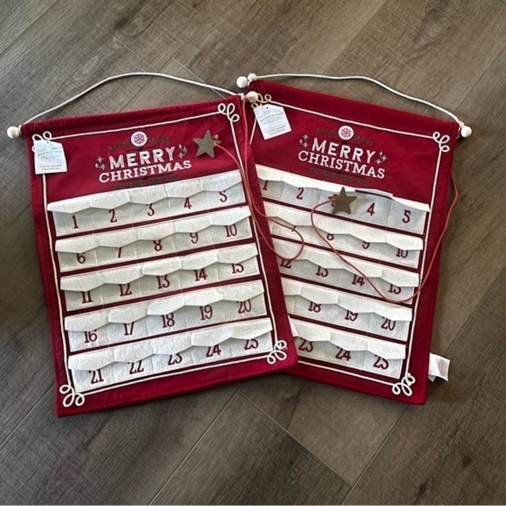 2 Felt Christmas Countdown Calendars Santa Claus Merry Xmas Pockets Wood NWT